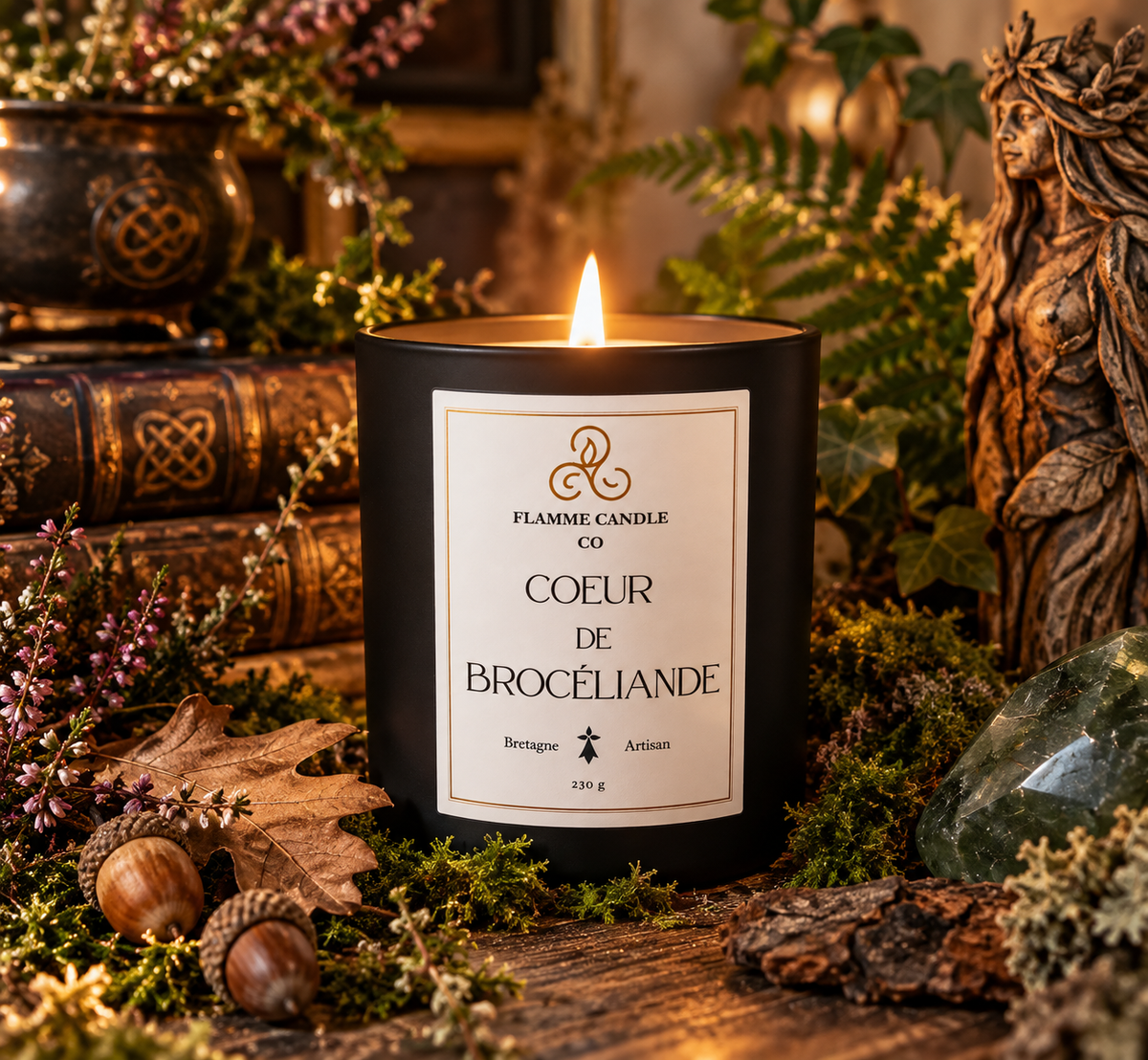 Bougie Cœur de Brocéliande allumée parmi des livres anciens, des glands et des feuilles de forêt