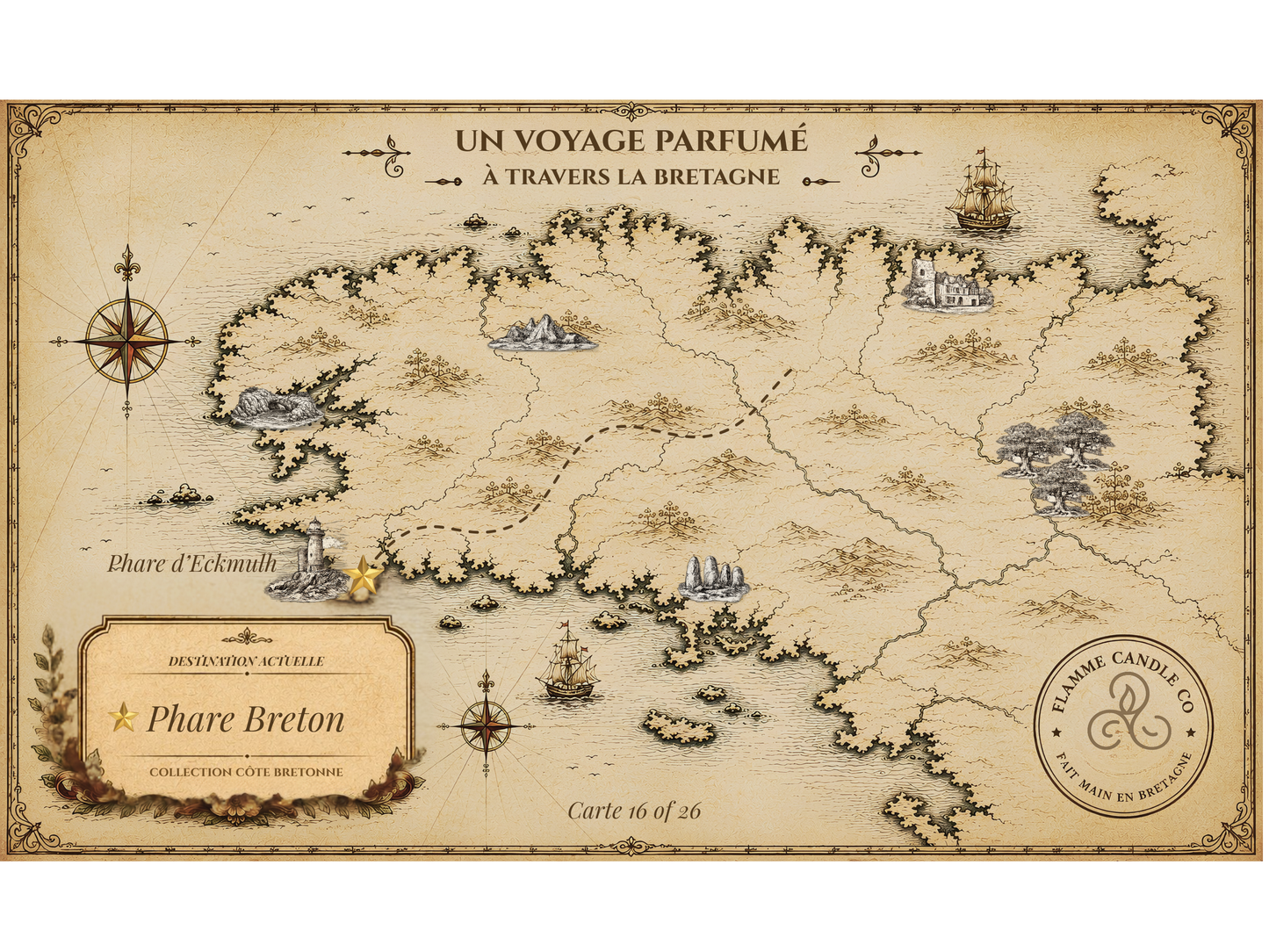 Vintage-style map of Brittany with ships and a compass, featuring the 'Fame Candle Co' logo.