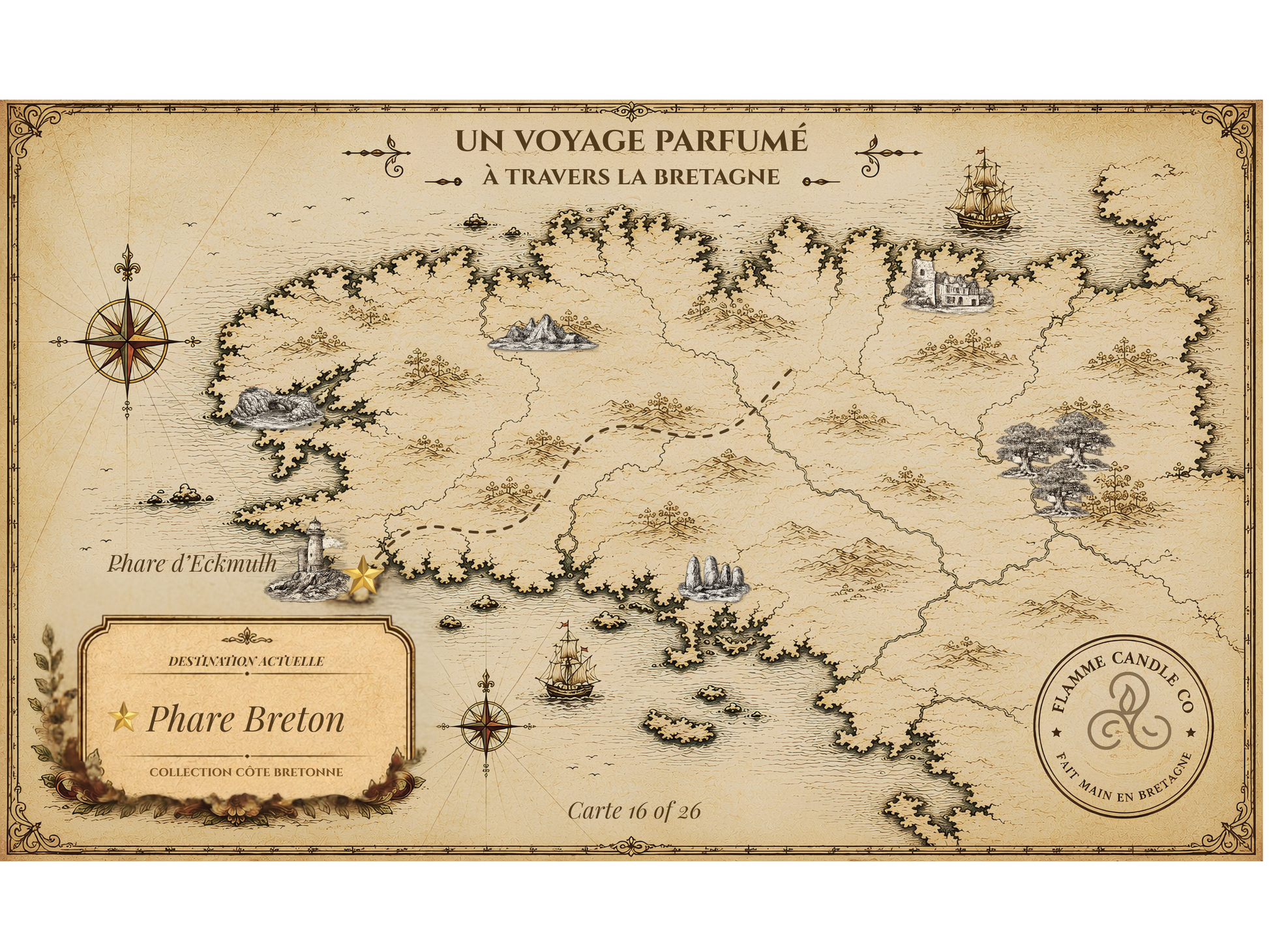 Vintage-style map of Brittany with ships and a compass, featuring the 'Fame Candle Co' logo.