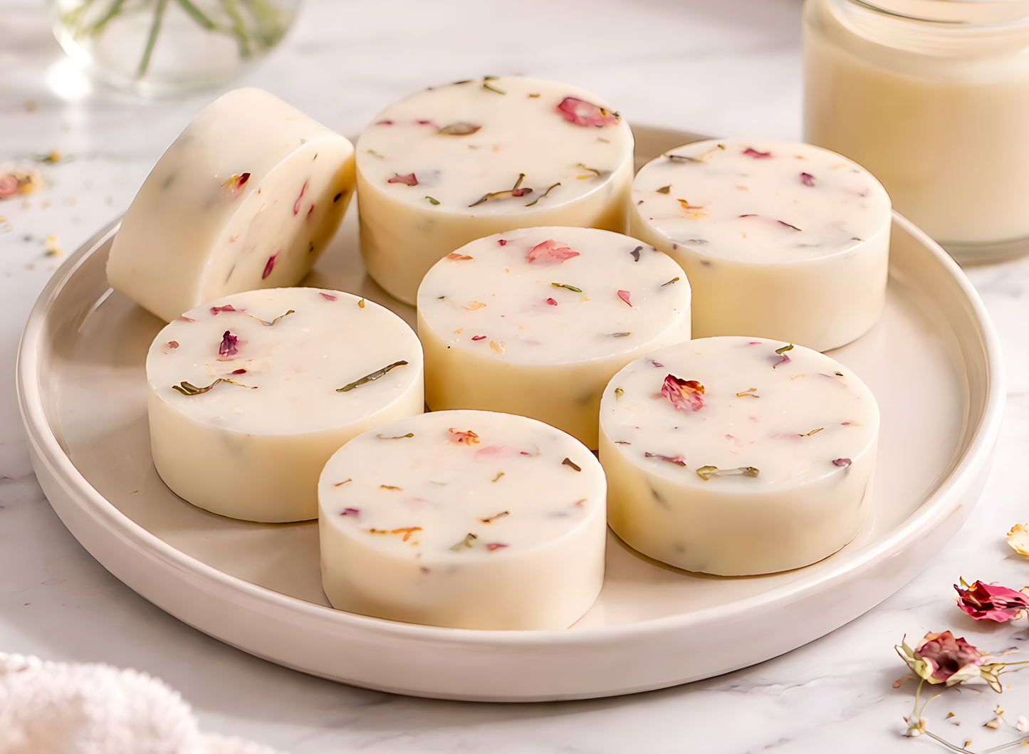 Flamme Candle Co single wax melts with rose petals and rosehip berries