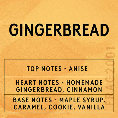 The image is a label for a fragrance, displaying the name 'Gingerbread' in large letters, along with a list of top notes, heart notes, base notes, and vanilla notes.