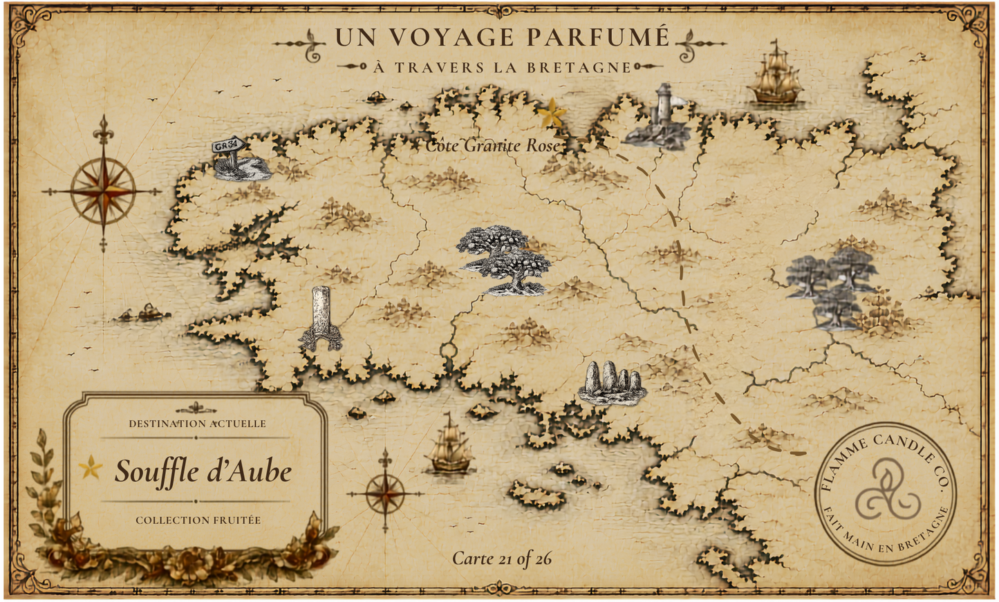 Decorative map with travel-themed design on a beige background