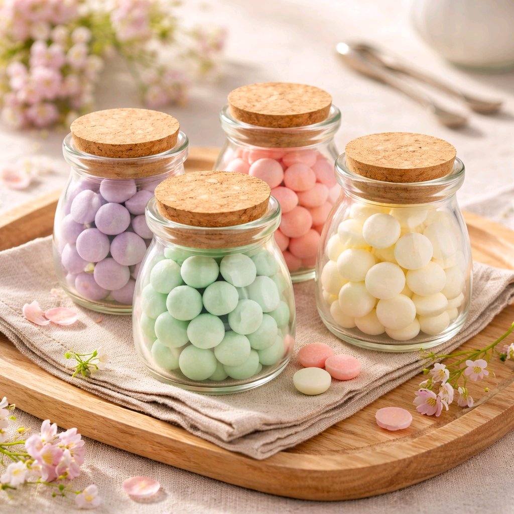 four glass jars filled with colorful candies, each with a cork lid, placed on a wooden tray. The jars are arranged in a row, with the first jar on the left, the second jar in the middle, the third jar on the right, and the fourth jar on the far right. The background of the image includes some pink flowers, adding a touch of natural beauty to the scene.