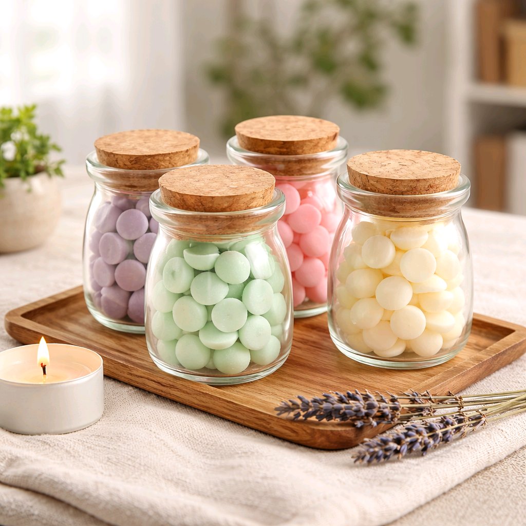four glass jars filled with colorful beads, placed on a wooden tray. A lit candle is also present in the scene, adding a warm and cozy ambiance to the setting.