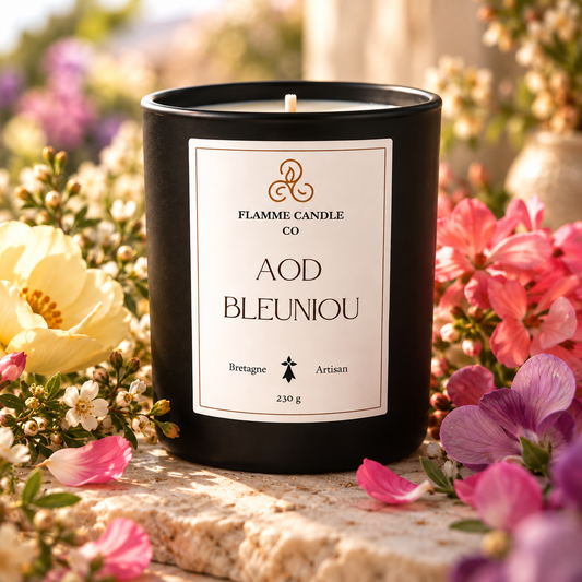 Bougie Aod Bleuniou posée sur une pierre entourée de fleurs roses, jaunes et violettes