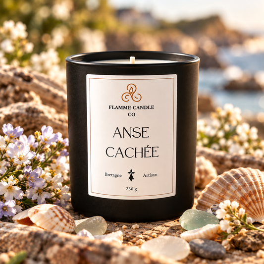 Bougie Anse Cachée posée sur des rochers parmi des coquillages et des fleurs sauvages, au bord de la mer