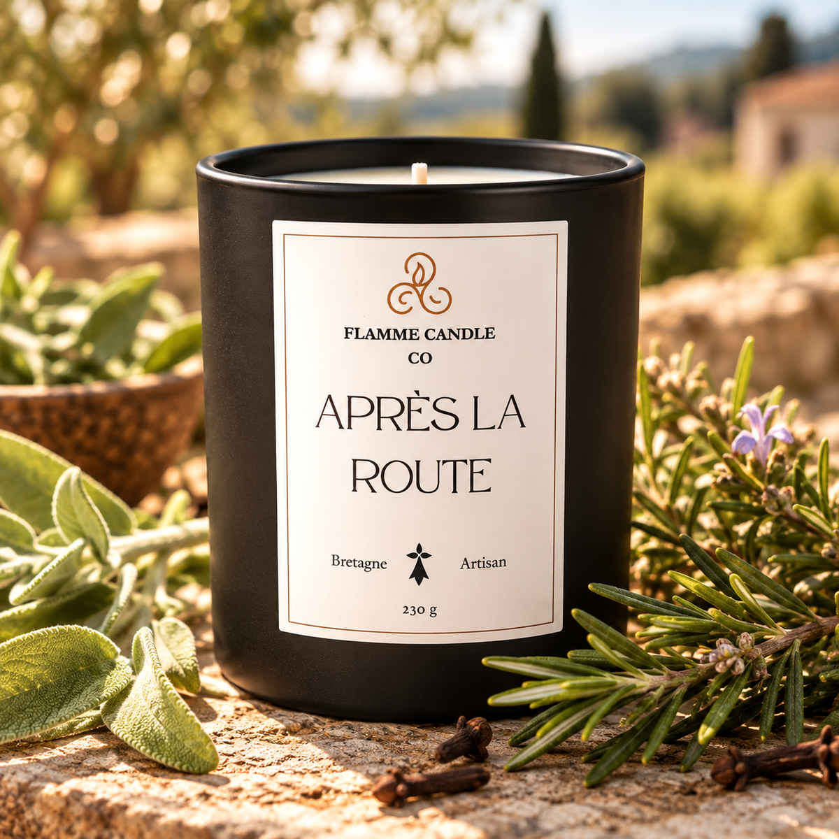 Bougie Après la Route posée sur une pierre entourée de sauge, de romarin et de plantes aromatiques, avec un paysage de campagne