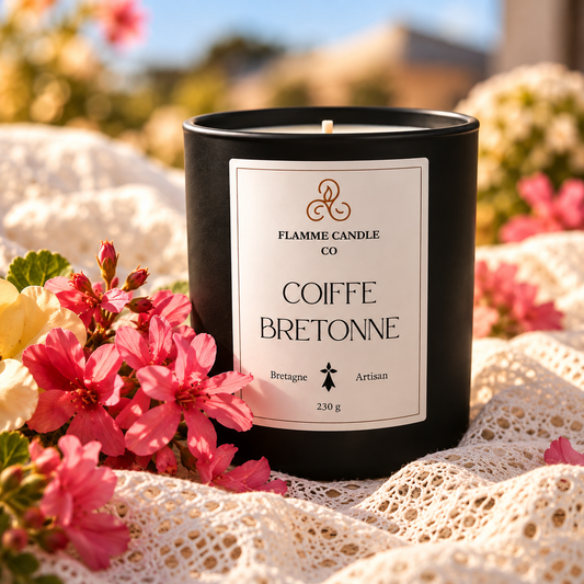 Bougie Coiffe Bretonne posée sur de la dentelle blanche, avec des fleurs roses et jaunes