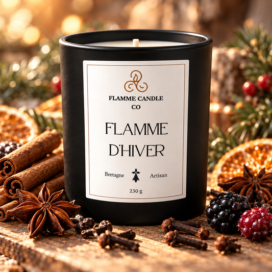 Bougie Flamme d'Hiver entourée de bâtons de cannelle, d'étoiles d'anis et de tranches d'orange séchées