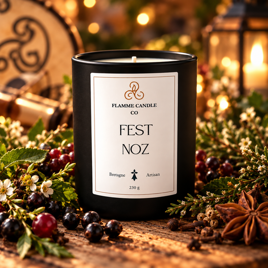 Bougie Fest Noz entourée de baies sombres, d'étoiles d'anis et de lanternes, dans une ambiance de fête