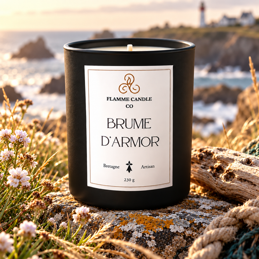 Bougie Brume d'Armor posée sur un rocher couvert de lichen, face à la mer et à un phare au coucher du soleil