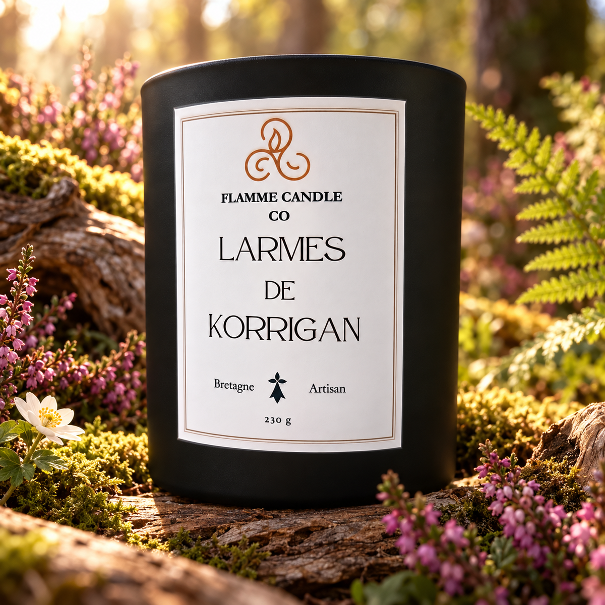 Bougie Larmes de Korrigan sur un tapis de mousse parmi des fougères et de la bruyère en fleurs