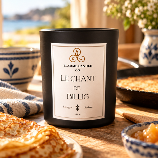 Bougie Le Chant de Billig sur une table en bois avec des crêpes, un bol bleu et blanc et une crêpière