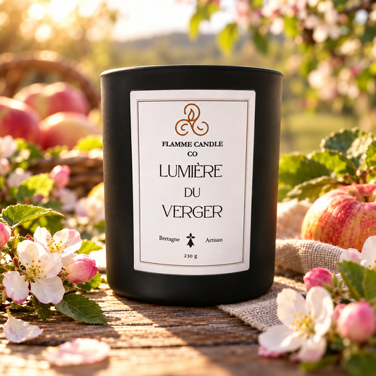 Bougie Lumière du Verger posée sur du bois, entourée de fleurs de pommier et de pommes rouges