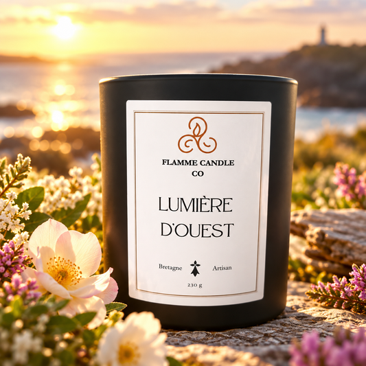 Bougie Lumière d'Ouest parmi des roses jaunes et des fleurs blanches, avec un phare au coucher du soleil