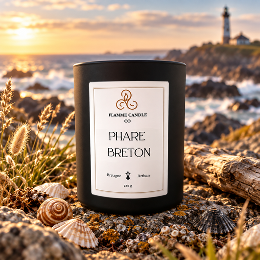 Bougie Phare Breton posée sur des rochers et des coquillages, avec un phare au coucher du soleil