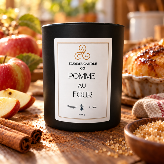 Bougie Pomme au Four sur une table en bois avec des pommes, de la cannelle et un gâteau doré