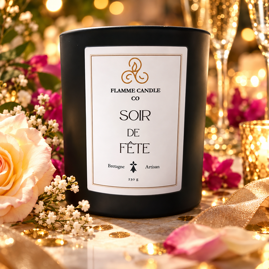 Bougie Soir de Fête entourée de roses, de fleurs et de verres de champagne en arrière-plan