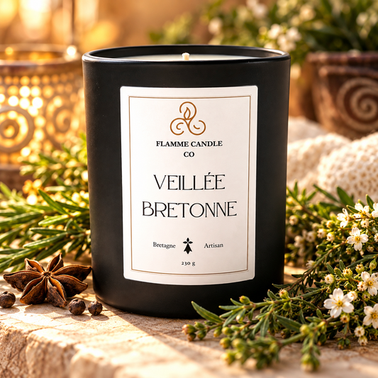 Bougie Veillée Bretonne en gros plan, entourée d'herbes aromatiques et d'étoiles d'anis