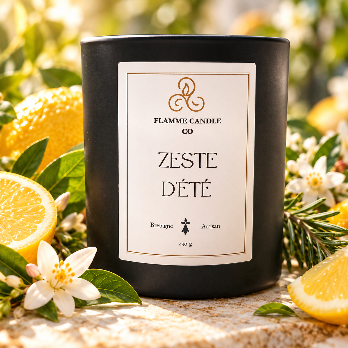 Bougie Zeste d'Été entourée de citrons, d'oranges et de fleurs d'oranger blanches