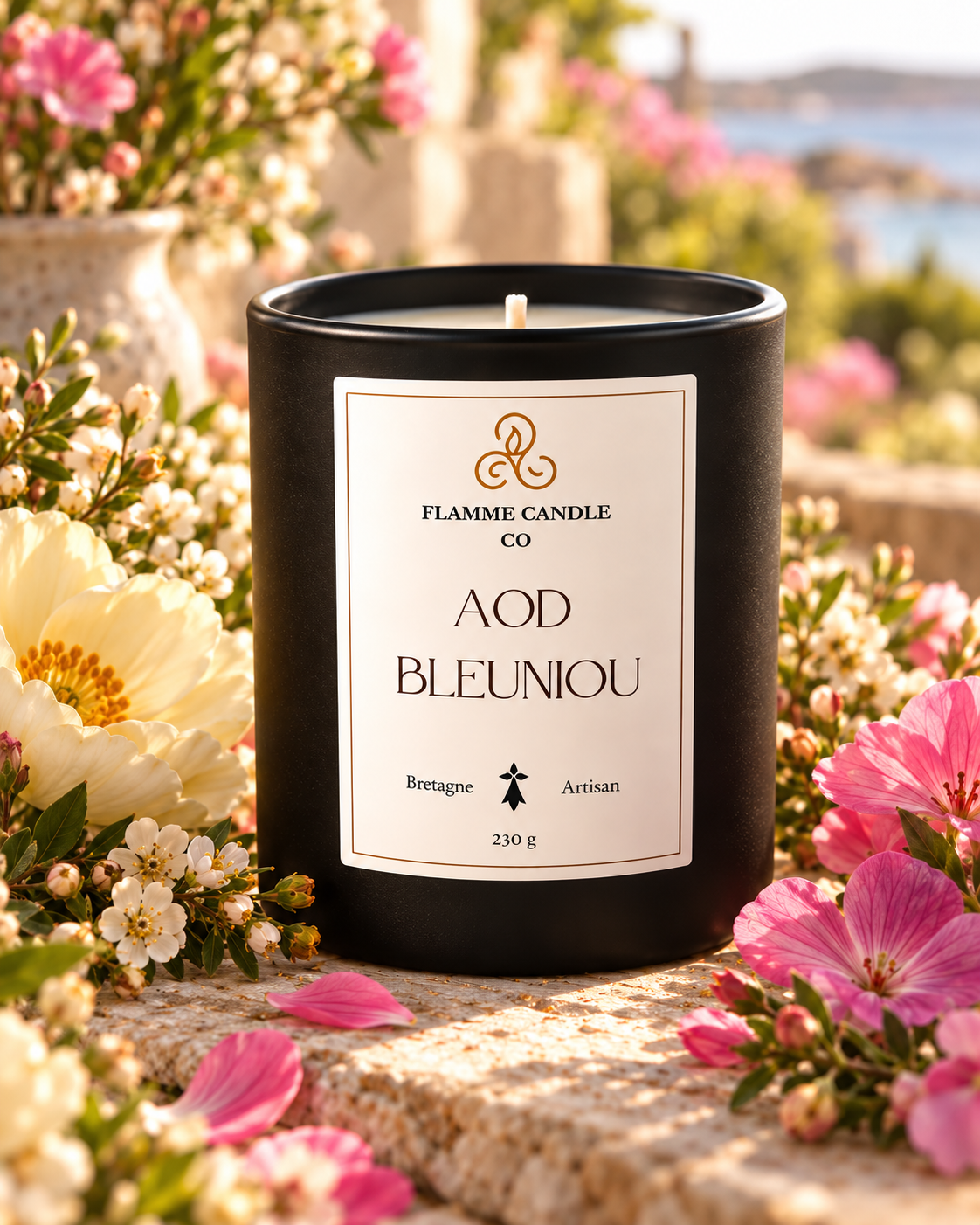 Bougie Aod Bleuniou sur un muret de pierre parmi des roses jaunes et des fleurs roses