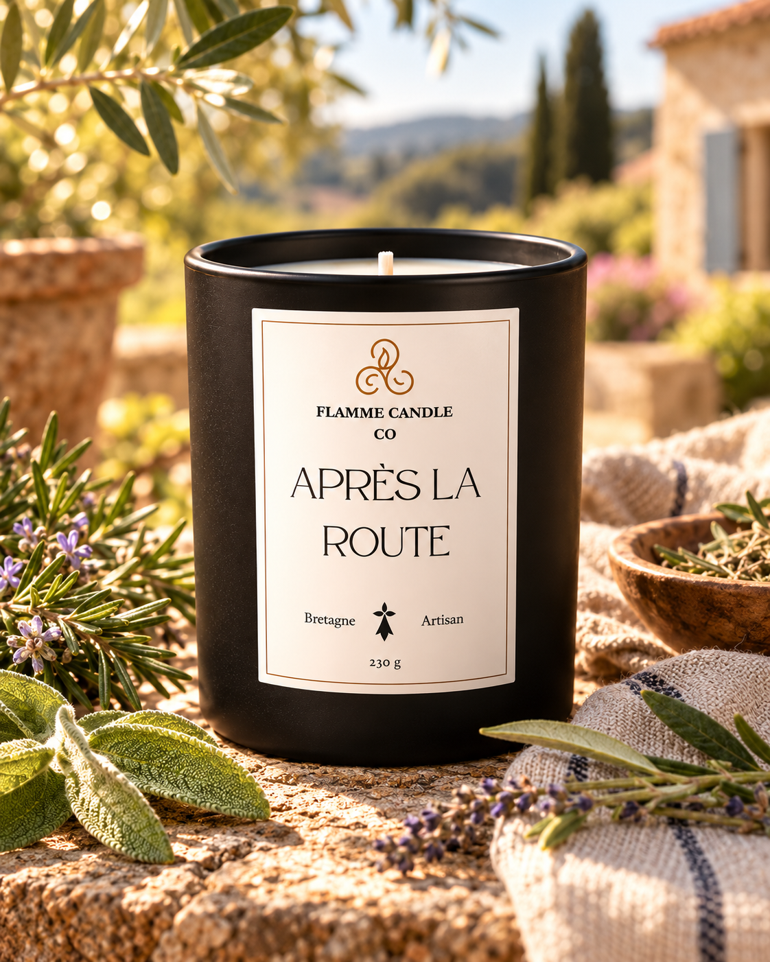 Bougie Après la Route sur une table en bois avec des herbes aromatiques et un plaid, jardin en arrière-plan