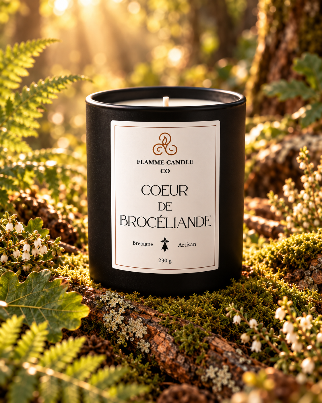 Bougie Cœur de Brocéliande sur un tronc couvert de mousse, entourée de fougères et d'un rayon de soleil
