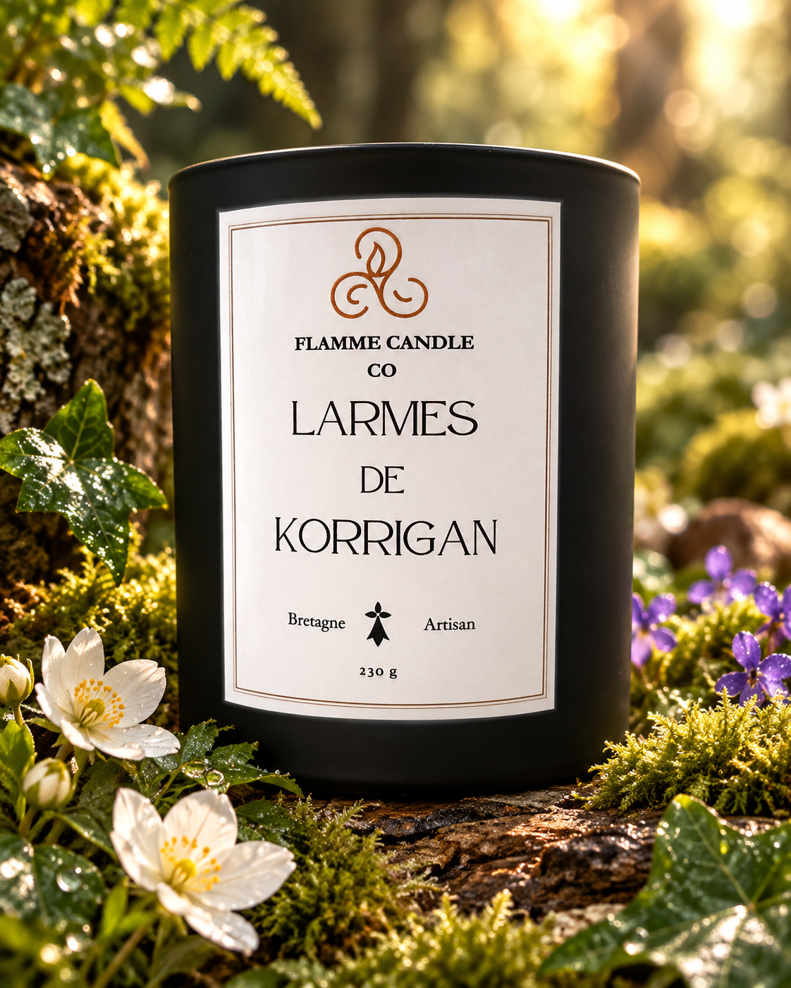 Bougie Larmes de Korrigan posée sur un rocher moussu avec des anémones blanches et des fleurs violettes