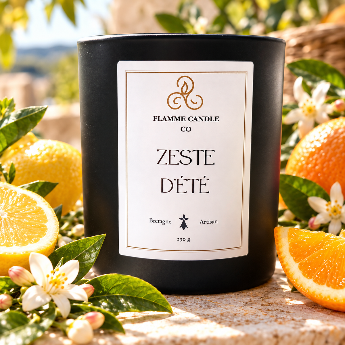 Bougie Zeste d'Été parmi des oranges, des citrons et des fleurs d'oranger, sur fond de feuillage