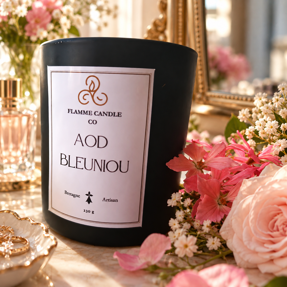Bougie Aod Bleuniou en gros plan, entourée de roses et de fleurs roses dans une lumière douce