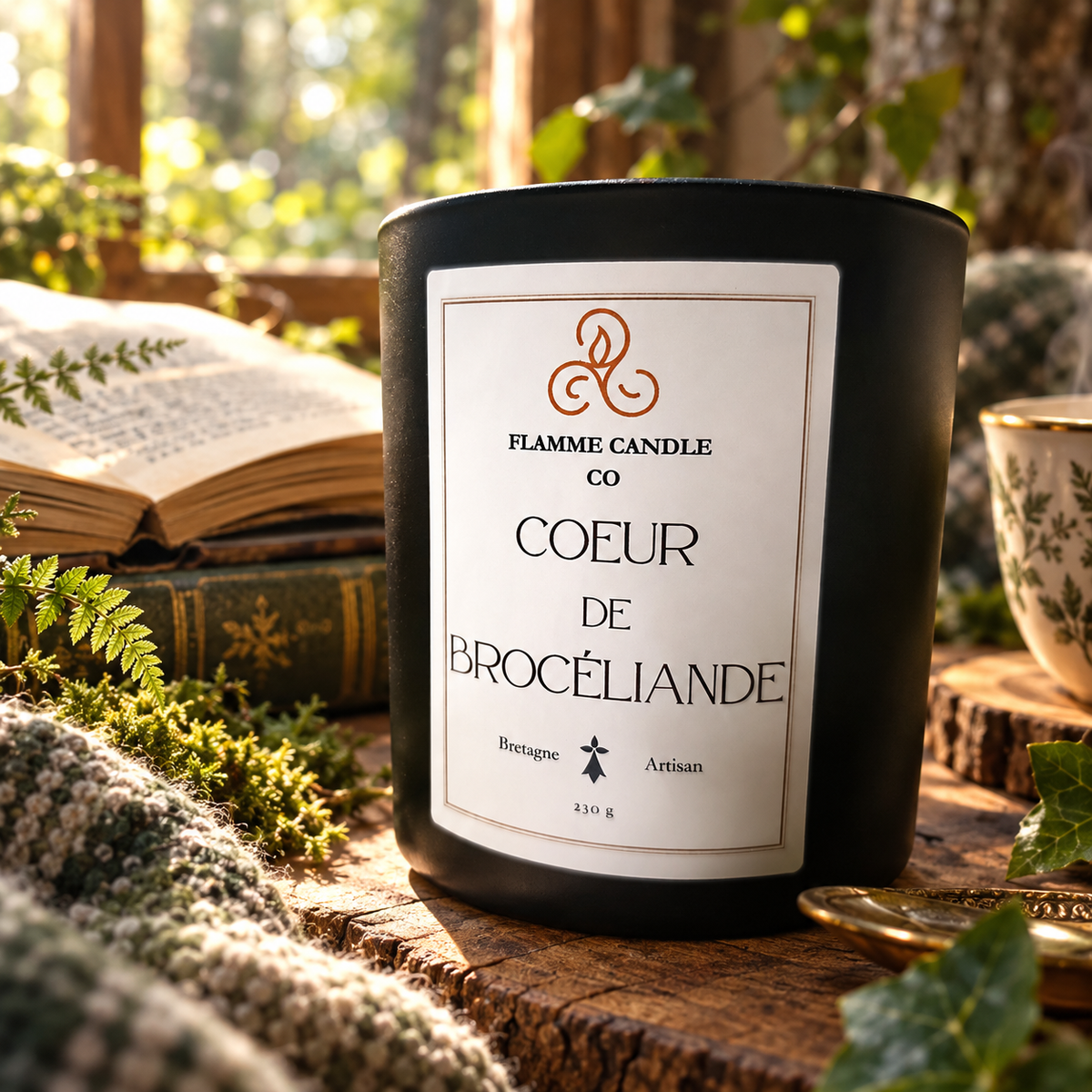 Bougie Cœur de Brocéliande près d'un livre ouvert et d'un plaid, entourée de fougères