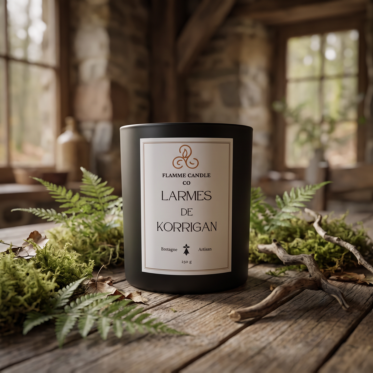 Bougie Larmes de Korrigan sur une table en bois rustique près d'une fenêtre, entourée de fougères