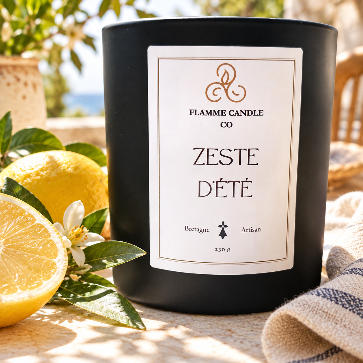 Bougie Zeste d'Été en gros plan, avec des citrons, des fleurs blanches et un torchon à rayures