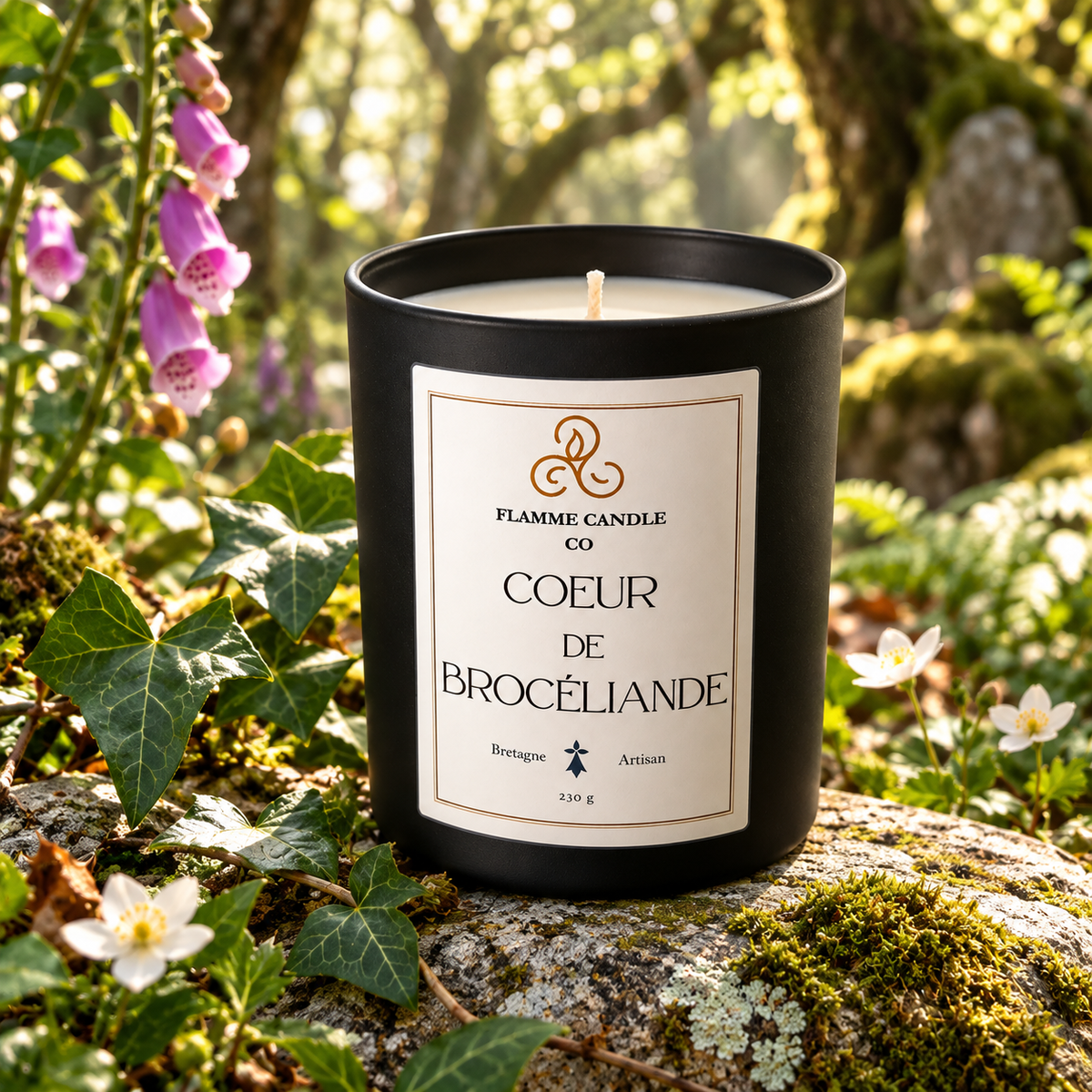 Bougie Cœur de Brocéliande sur un rocher moussu parmi des fleurs de digitale et des feuilles de forêt