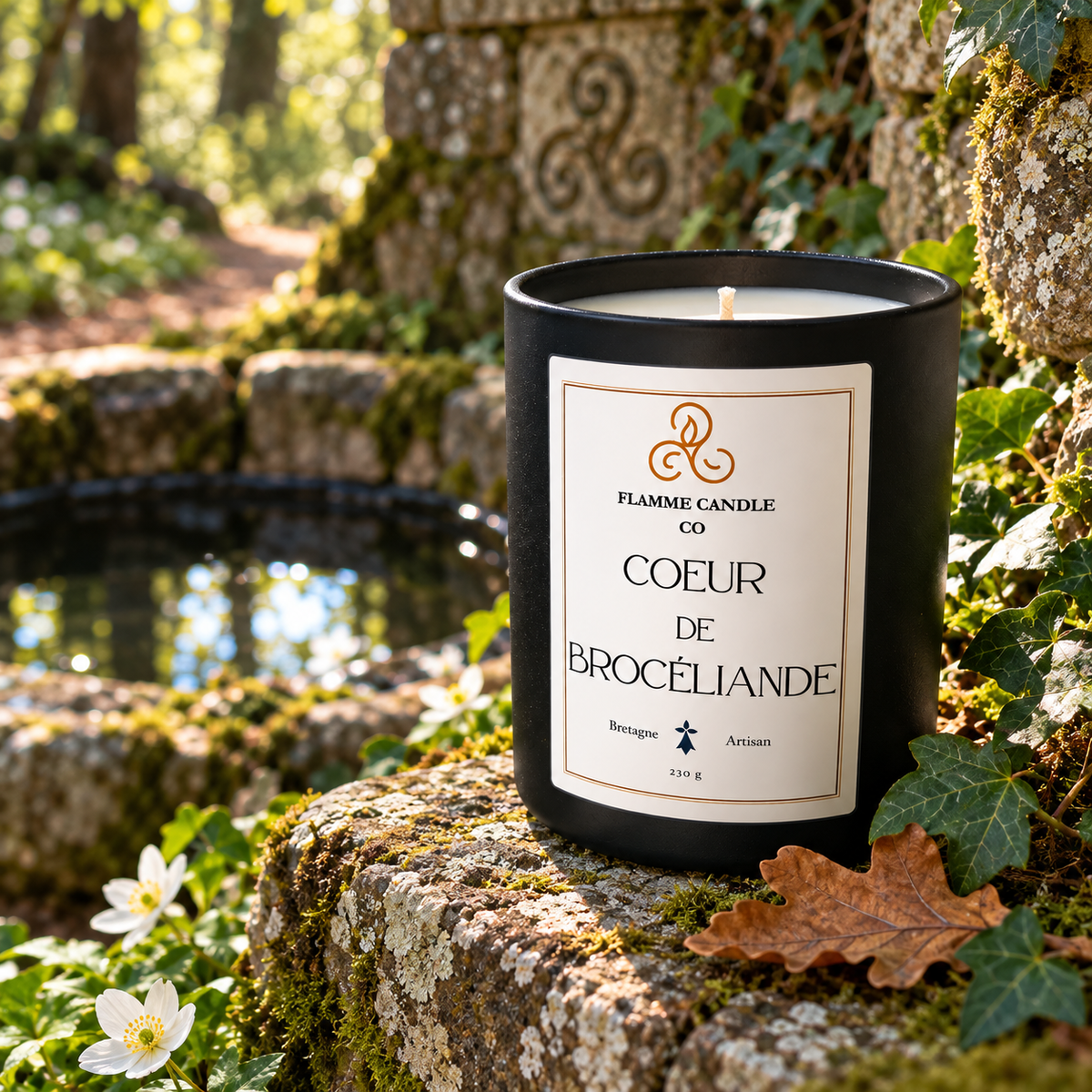 Bougie Cœur de Brocéliande sur une pierre moussue au bord d'un petit étang, avec des feuilles d'automne