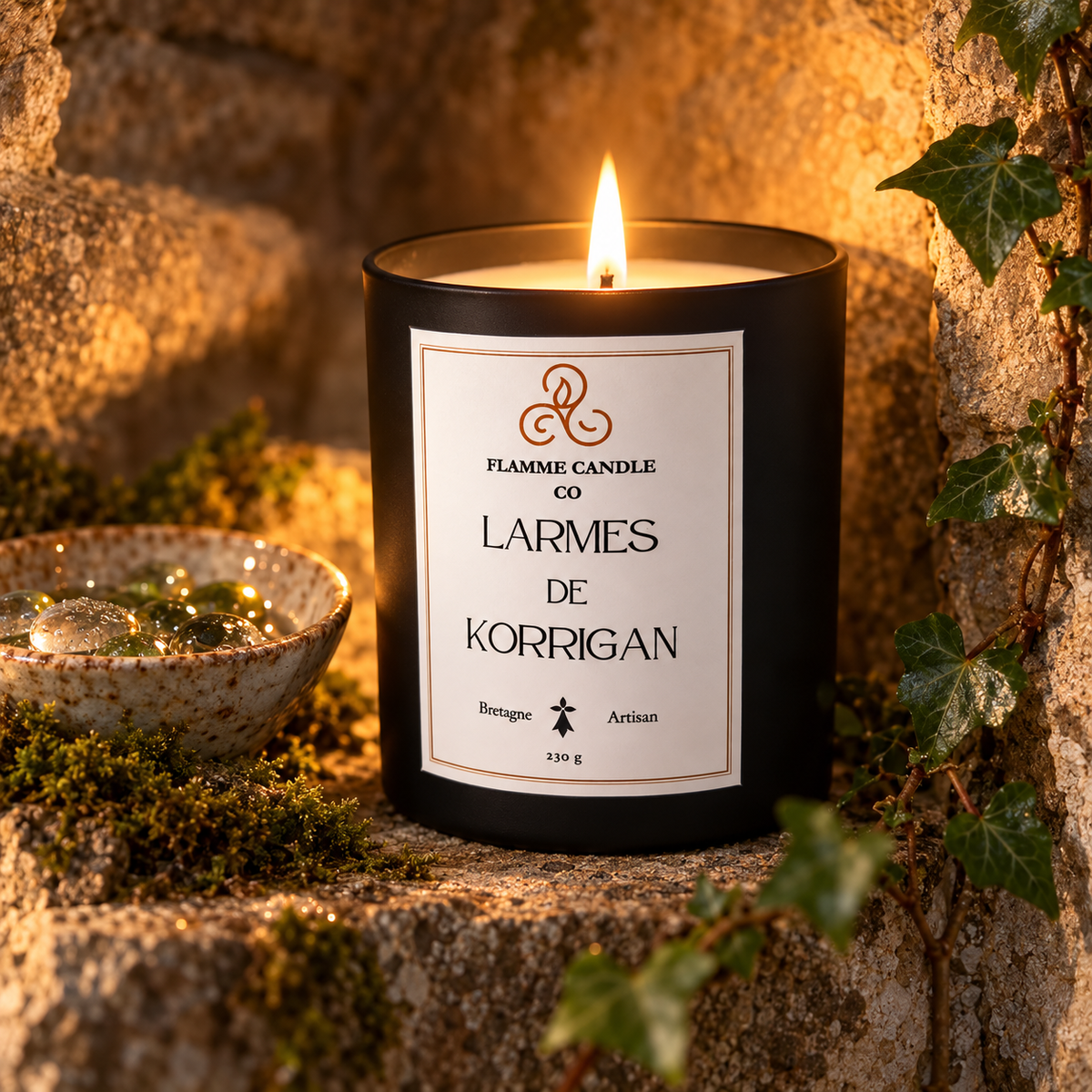Bougie Larmes de Korrigan allumée sur une souche, avec une coupelle d'herbes et du lierre