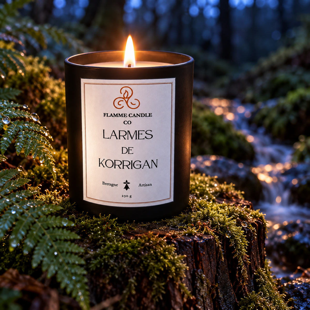 Bougie Larmes de Korrigan allumée sur de la mousse, près d'un ruisseau et de fougères au crépuscule