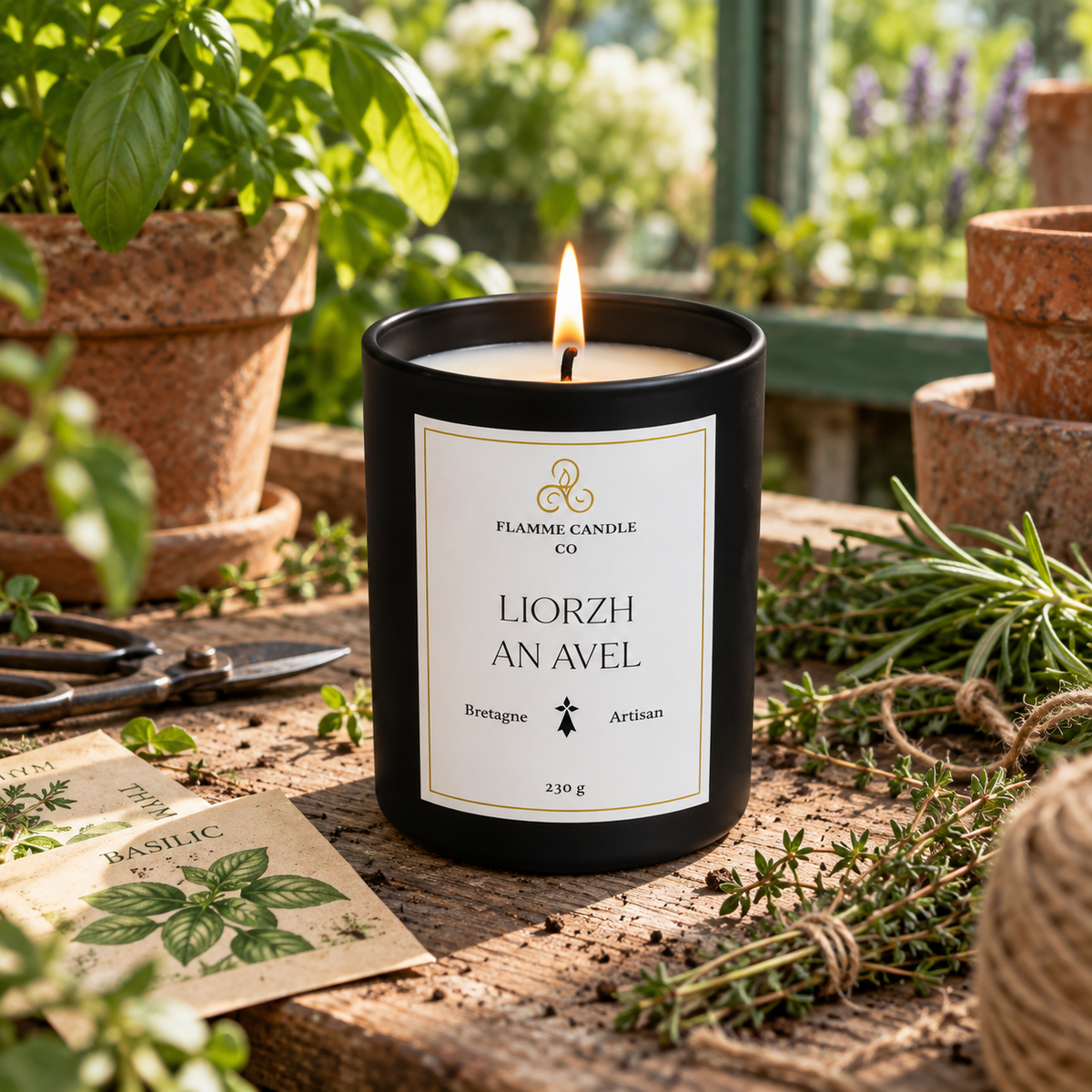 Bougie Liorzh an Avel allumée sur une table de jardin avec des herbes aromatiques et des pots en terre cuite
