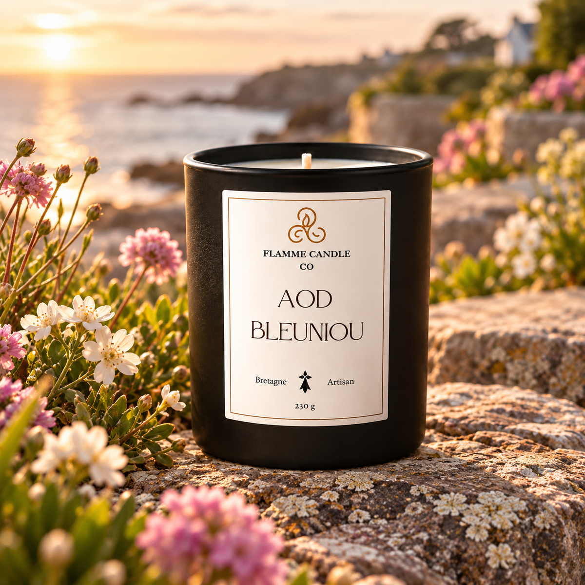 Bougie Aod Bleuniou sur un rocher fleuri de bruyère et de fleurs roses, au coucher du soleil
