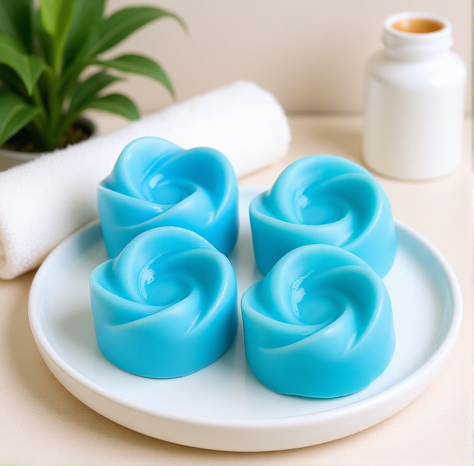 Flamme Candle Co mini wax melts in blue rose shapes
