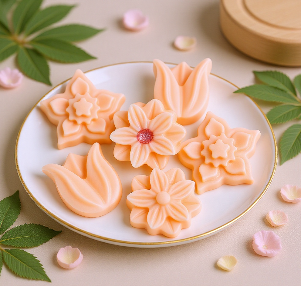 Flamme Candle Co mini wax melts in peach flower shapes