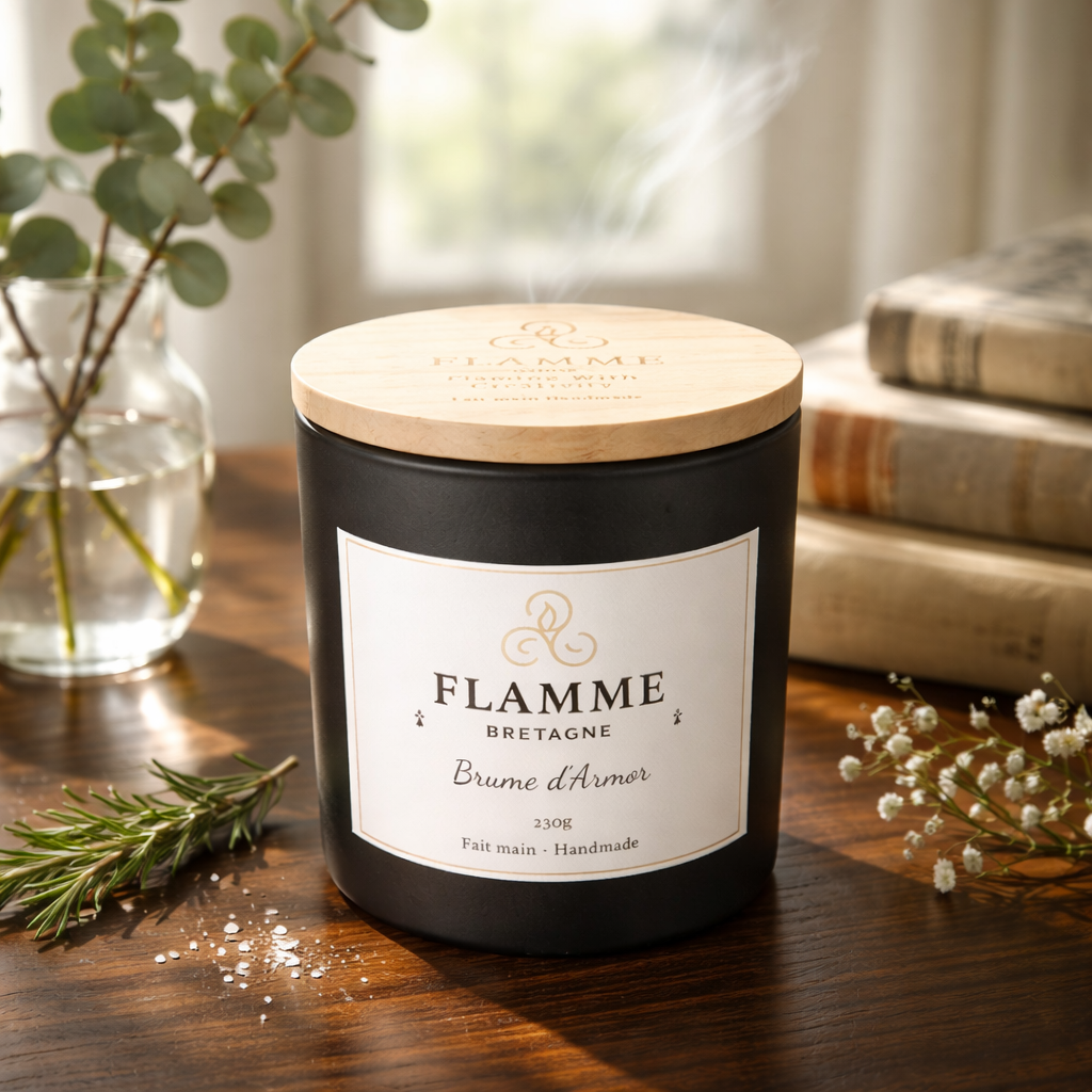 Coconut Soy Wax Candle Brume d'Armor 230g – Fresh Sea Mist, Amber Wood & Rosemary Flamme