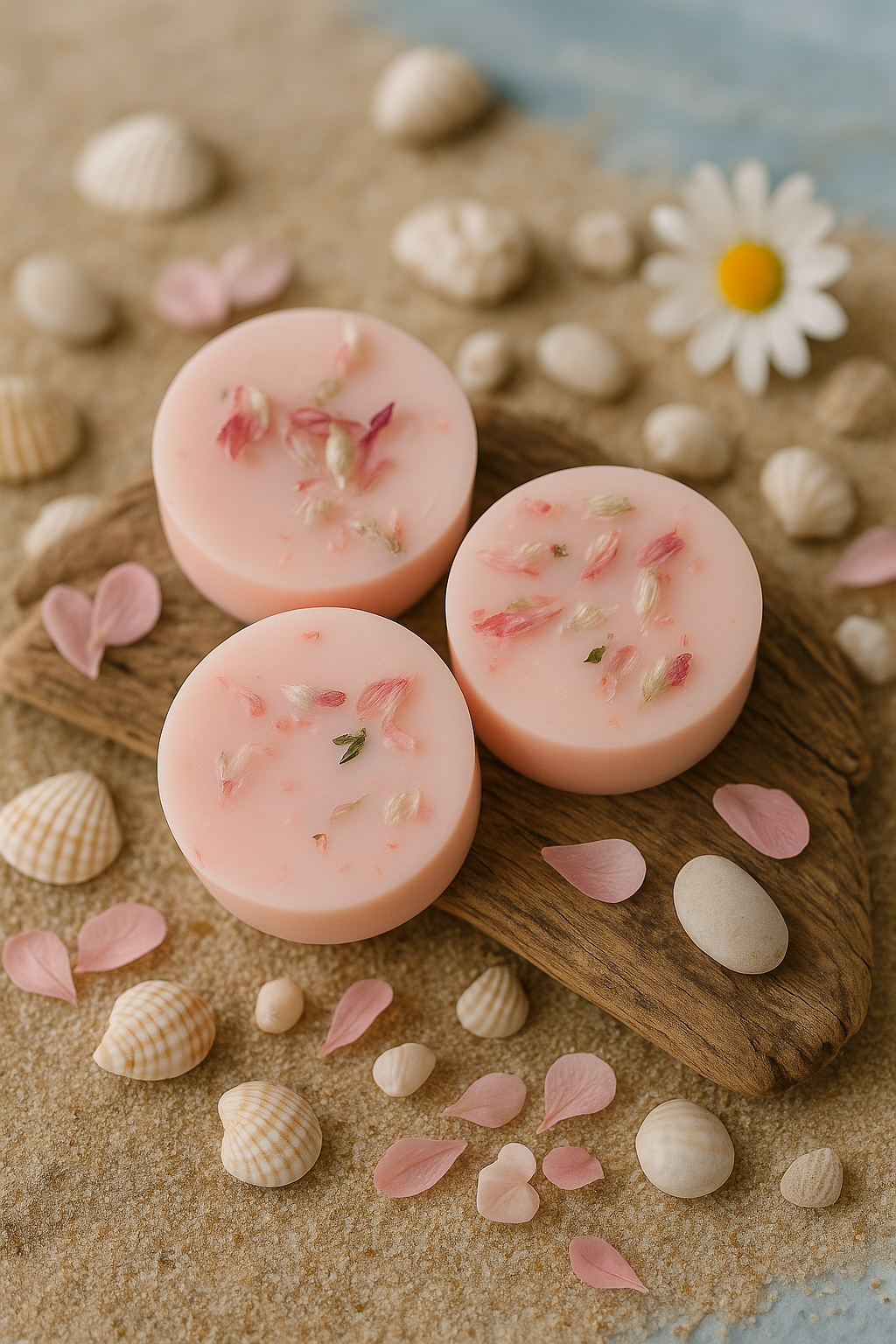 wax melt product: Coastal Wax Melt – Hand Poured Round Wax Tart With Honeysuckle & Driftwood Aroma, handcrafted and inspired by Brittany.