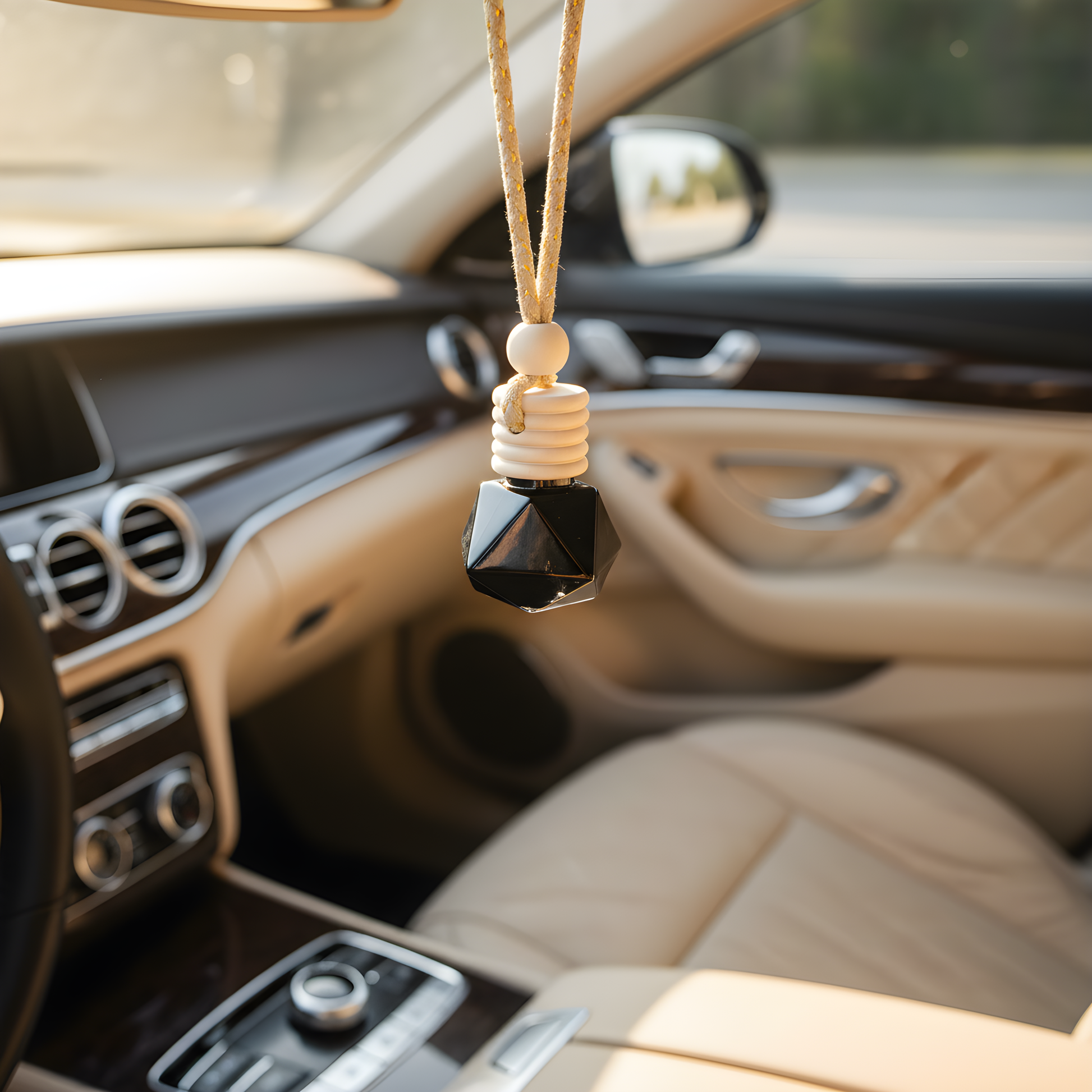 Elegant refillable car air freshener hanging in a luxury car interior, adding style and fragrance.